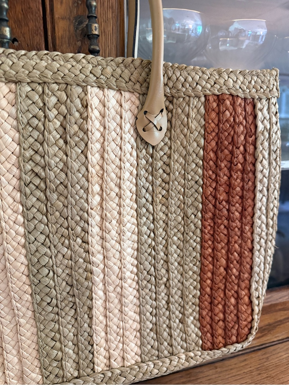 Woven Straw Tote Bag with Rust Accent - Neutral Multi - Picture 3 of 5
